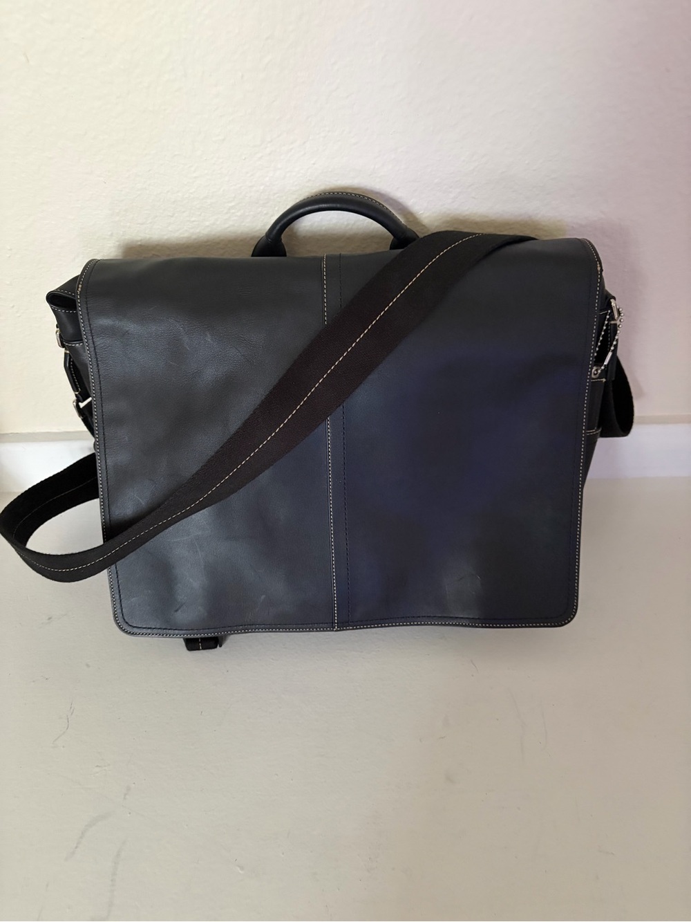 Coach Black Leather Messenger Bag with Contrast Stitching